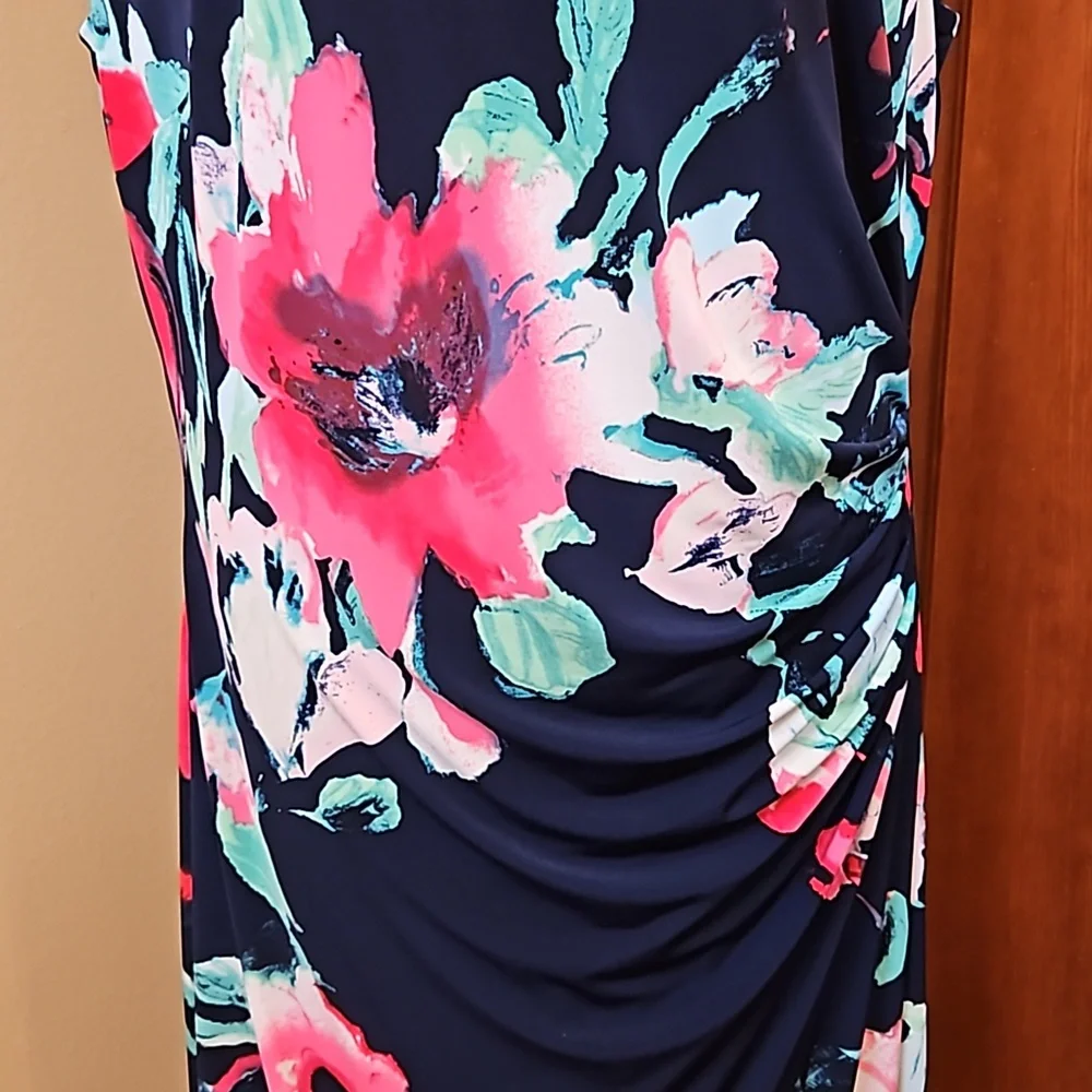 LAUREN RALPH LAUREN DRESS FLORAL 16 BLACK PINK GREEN WHITE Cap Sleeves - Picture 5 of 12